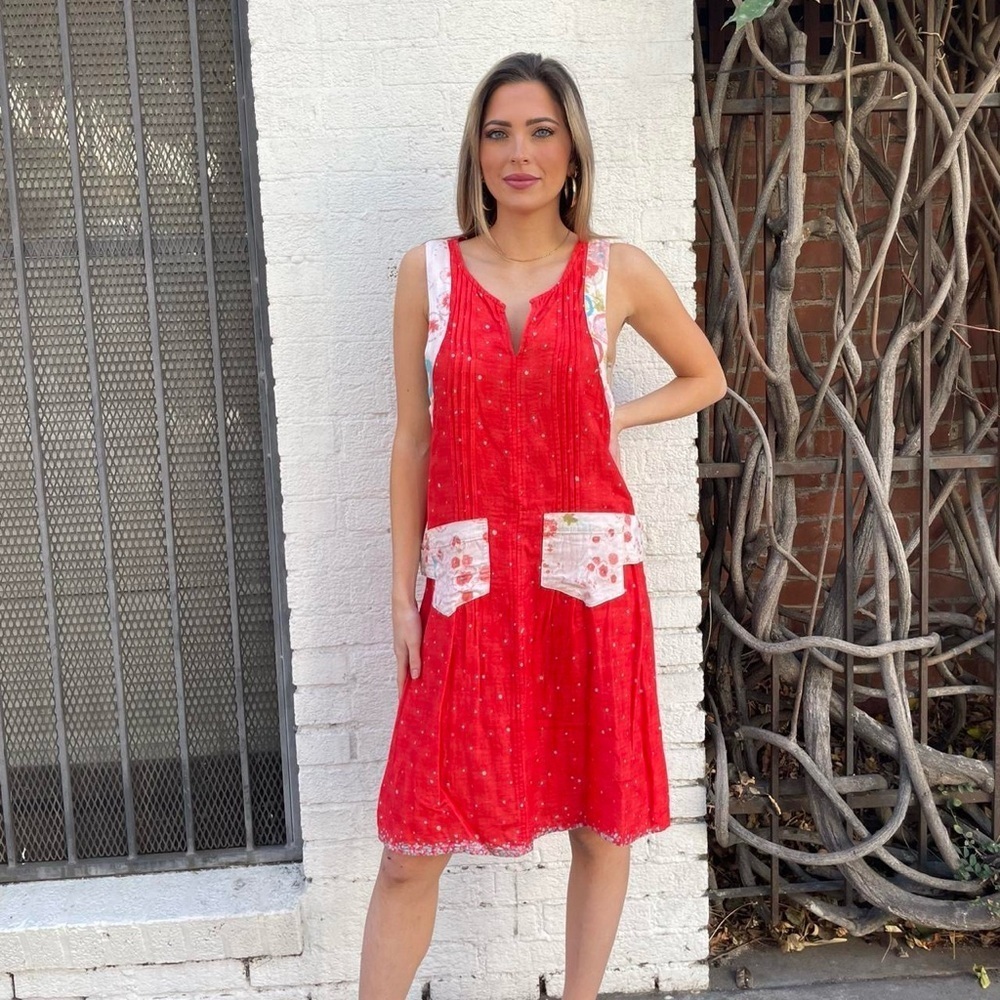 Rebe Red and white floral embroidered cotton shift dress sz M #cottagecore